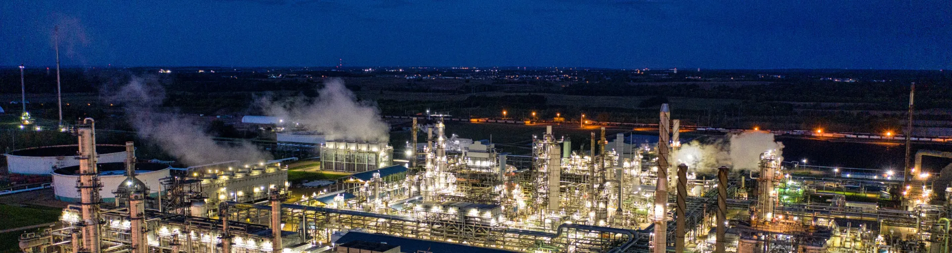 Aerial evening shot of a massive oil plant
